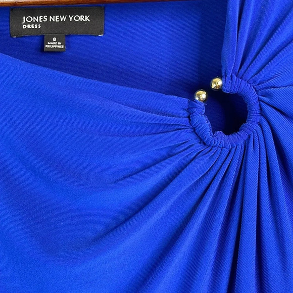 JONES NEW YORK Asymmetrical Ring Royal Blue Fit & Flare Midi Dress Cap Sleeve 6 - Picture 4 of 10